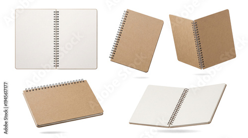 a close-up view of an open spiral notebook with blank white pages and a kraft paper cover against a stark transparent background.