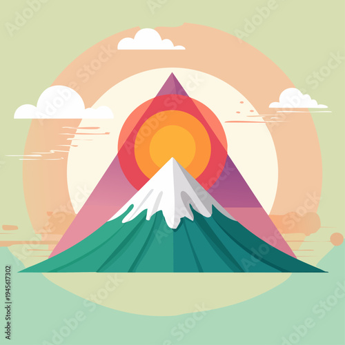 Geometric mountain landscape with sun and clouds in flat design style.