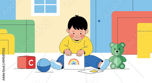 Child Playing with Toys and Drawing Rainbow, Childhood Fun