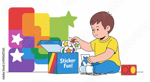 Child Playing with Stickers and Colorful Shapes, Creative Fun