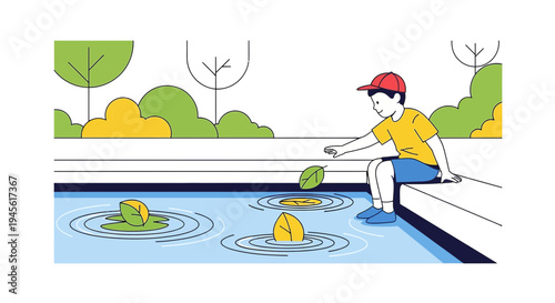 Child Playing with Leaves in a Pond, Summer Day, Minimalist Illustration