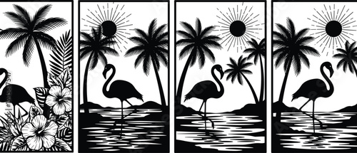 Tropical flamingo wall art set with palm trees hibiscus flowers sun and ocean waves in black and white vector style.
