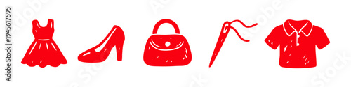 Red hand-drawn fashion and sewing icon set on white background. Includes dress, high heel shoe, handbag, needle with thread, and polo shirt. Ideal for retail and craft design.
