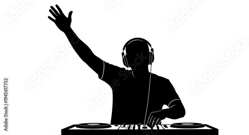 Silhouette of DJ with Headphones and Raised Hand at Turntable.