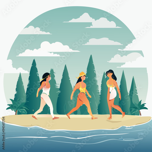 Three women enjoying a leisurely walk on a beautiful beach during summer.
