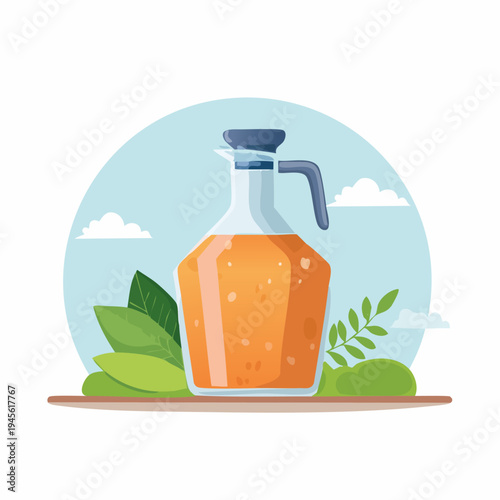 Flat vector illustration of a glass jug filled with fresh orange juice