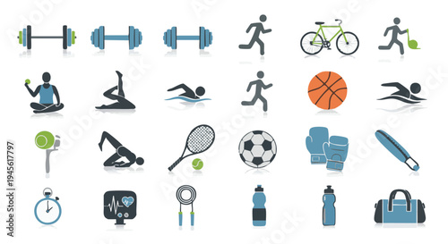 Various exercise on white background including fitness equipment and sports exercise fitness sports workout dumbbells