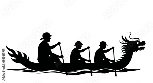 Silhouette of Dragon Boat Racing Team Paddling Together.