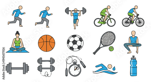 Various exercise on white background including running cycling yoga and sports equipment