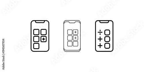 Set of calculator application icons on smartphone screens for digital math and computing services