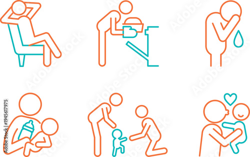 Six illustrations depicting various caregiving and comforting activities between people