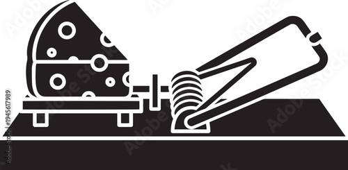 Classic mousetrap vector icon with a large slice of swiss cheese bait ready to catch a mouse or rodent simple monochrome design