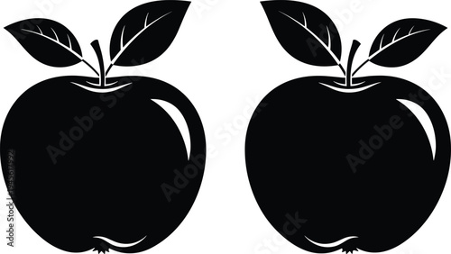Two Black Apple Silhouette Vector Icons with Leaves Isolated on White Background for Minimalist Graphic Design Healthy Food and Branding