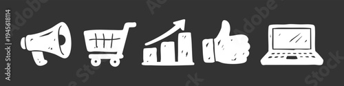 Hand-drawn chalk style business icons including megaphone, shopping cart, growth chart, thumbs up, and laptop on a dark background. Ideal for marketing, ecommerce, and digital growth concepts.