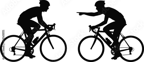 Two professional cyclists silhouette riding road bikes wearing helmets and cycling gear isolated on white background sports vector illustration set
