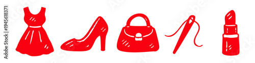 Red hand-drawn fashion icons set including a dress, high heel shoe, handbag, needle with thread, and lipstick on a white background. Perfect for shopping, beauty, and design themes.