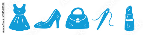 Blue hand-drawn fashion icons set including dress, high heel, handbag, needle, and lipstick. Ideal for beauty, sewing, and lifestyle design projects.