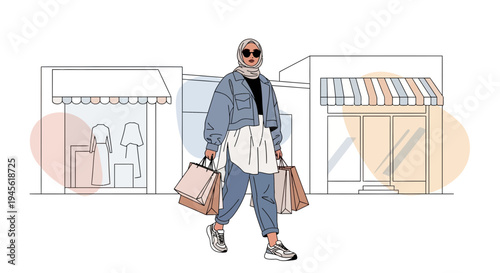 Modern Muslim Woman Shopping with Bags, Stylish Hijab Outfit, City Street