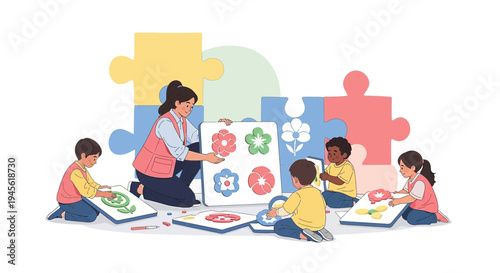 Children Learning Shapes and Colors with Teacher, Puzzle Background