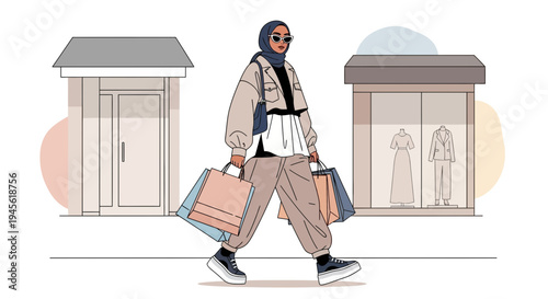 Modern Muslim Woman Shopping with Bags, Retail Therapy, Fashionable Style