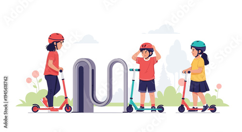 Children on Scooters in Park with Helmets, Outdoor Activity Fun