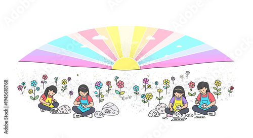 Children Painting Flowers in Sunny Meadow, Artistic Childhood Fun