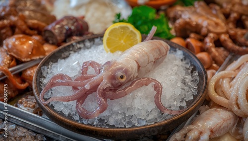 Fresh seafood market offering raw squid, octopus, or cuttlefish on ice with lemon, served in a salad at a restaurant