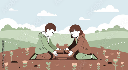 Children Planting Flowers in Spring Meadow