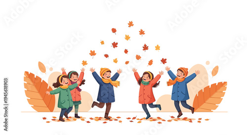 Children Playing Autumn Leaves Falling Season Fun