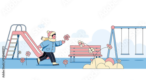 Child with Flowers on Playground, Seasons Change Illustration