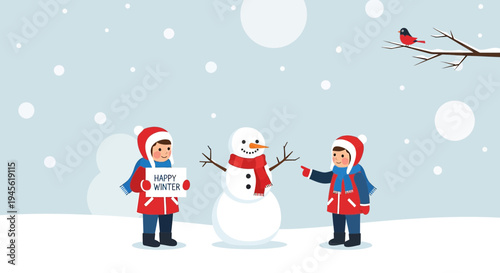 Children Building Snowman, Happy Winter Scene with Snowfall and Bird
