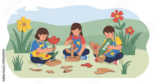 Children Building Flowers and Toys Outdoors