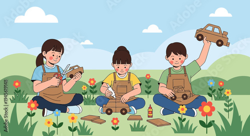 Children Crafting Cardboard Cars Outdoors, Creative Play and Hobby