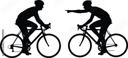 Two Road Cyclists Riding Bicycles Silhouette One Pointing Direction While Racing Against White Background Concept of Sport Competition and Teamwork