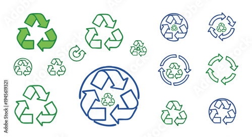 Various recycling symbols in green and blue on white background recycle eco green and blue circular arrows