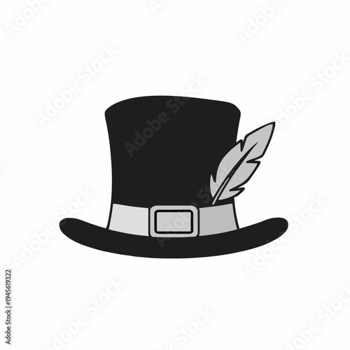 Black Top Hat Adorned With A Gray Feather And Silver Buckle Isolated On White Background