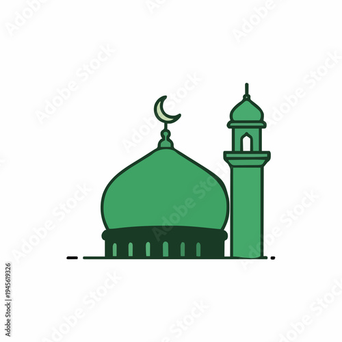 Green Mosque Dome and Minaret With Crescent Moon Detail Detailed Islamic Architecture Worship Place Outdoor Sunlight