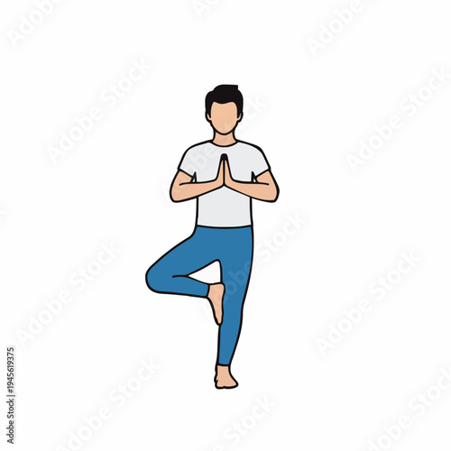 Man In White T Shirt And Blue Pants Standing In Tree Pose With Hands Pressed Together In Prayer On White Background