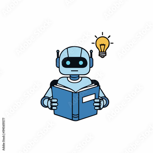 Light blue robot with blue eyes and antennae reads a blue book with a lit yellow lightbulb above its head representing an idea on a white background