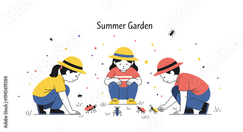 Children Exploring Summer Garden with Insects and Flowers