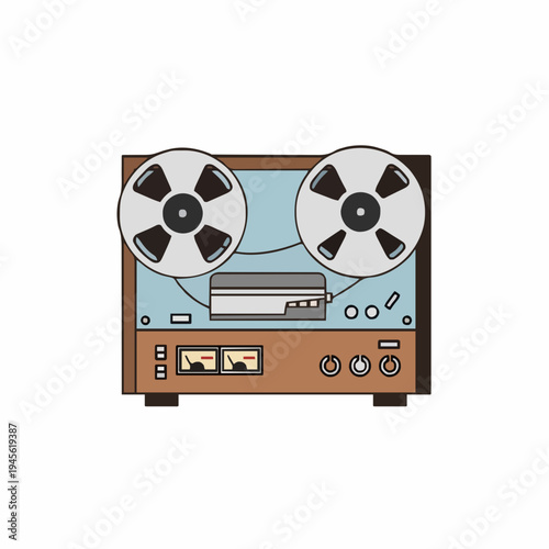 Retro reel to reel tape recorder with dual VU meters and analog controls in brown and light blue tones on white background studio lighting