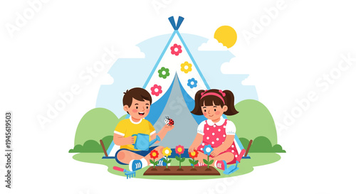 Children Gardening and Watering Flowers in a Tent, Outdoor Activity