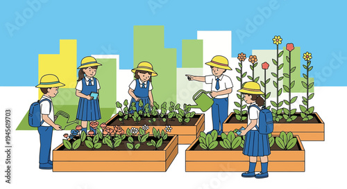 Children Gardening in Urban School with Growing Plants and Cityscape