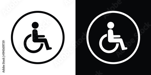 Universal accessibility wheelchair icon placed inside a circular outline. Minimal black and white vector symbol representing disability access, inclusive infrastructure, mobility support, and accessib