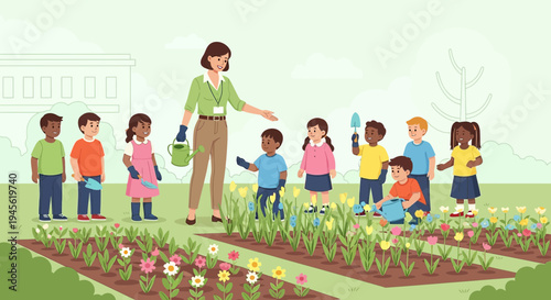 Children Gardening with Teacher, Spring Bloom in School Garden, Education