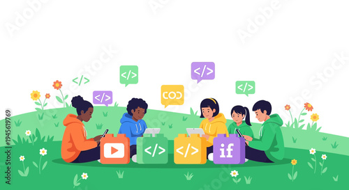 Children Learning Coding Outdoors with Digital Devices and Blocks