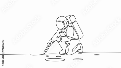 Astronaut mining on moon surface line art space illustration vector space suit