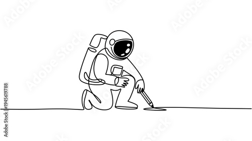 Astronaut kneeling with pickaxe on white background space line art illustration