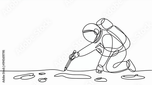 Astronaut drawing on ground with pencil one line art space illustration vector