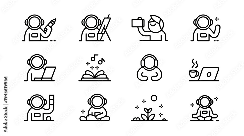 Fototapeta premium Astronaut icons set line style space illustrations vector white background minimalistic